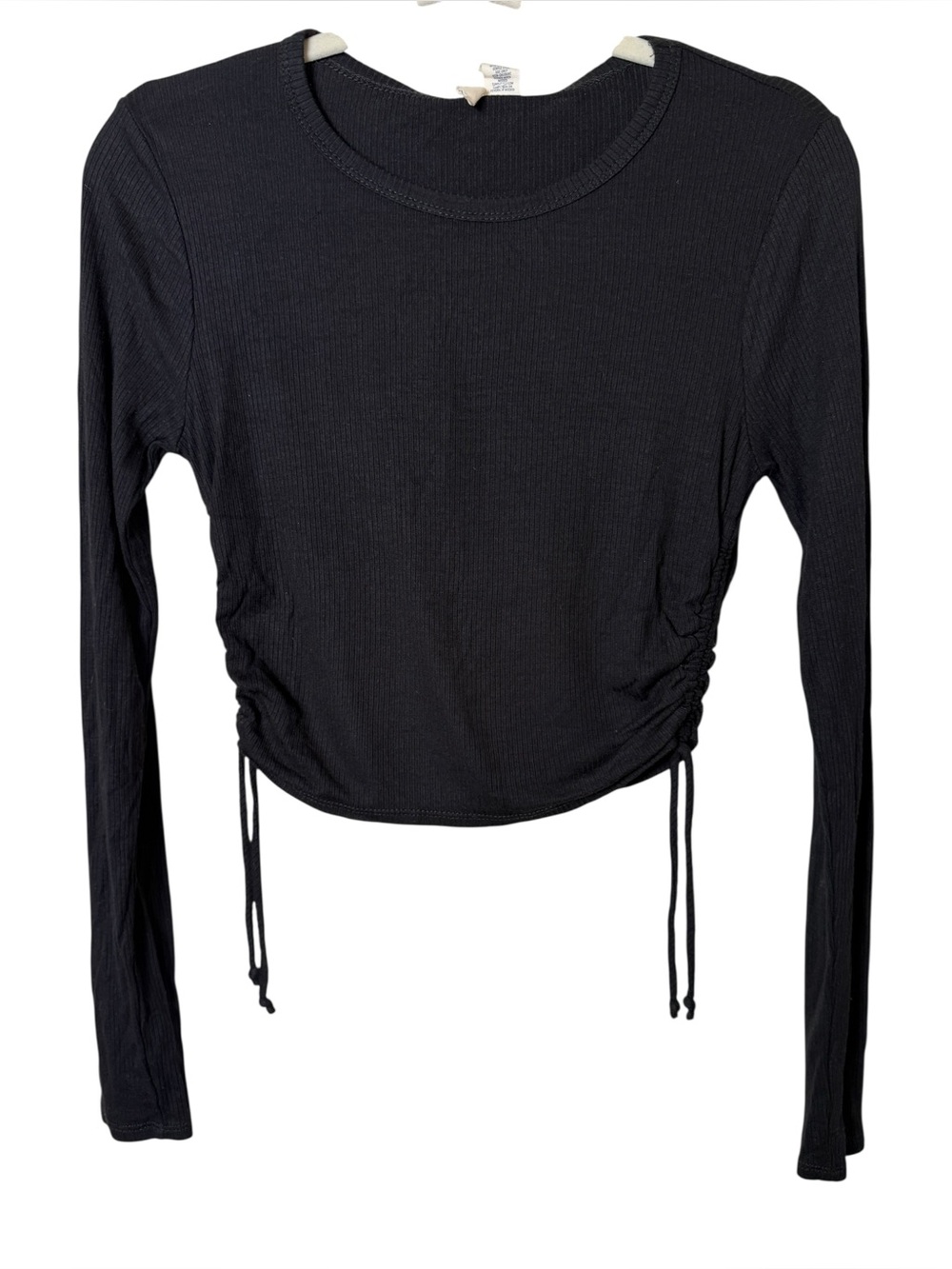 Sky & Sparrow Medium Ruched Side-Drawstring Long Sleeve Crop Top - Black